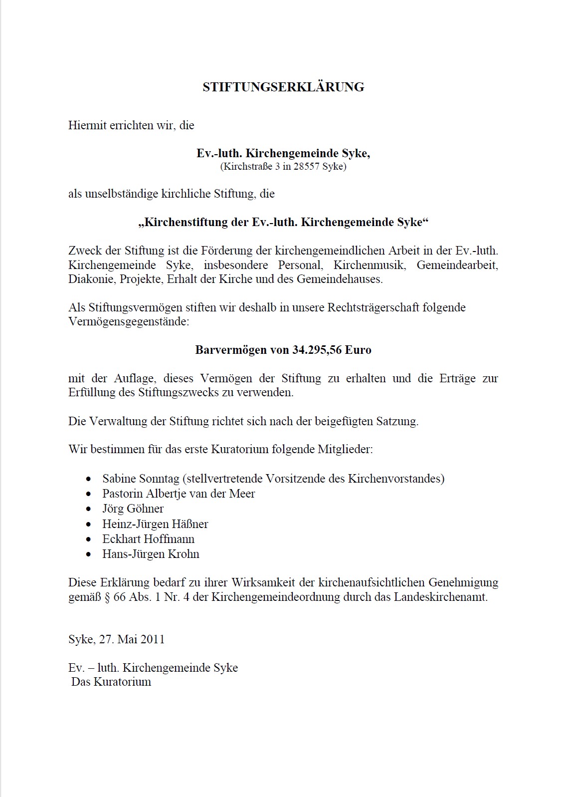 Stiftungserklärung Kirchenstiftung Syke Image